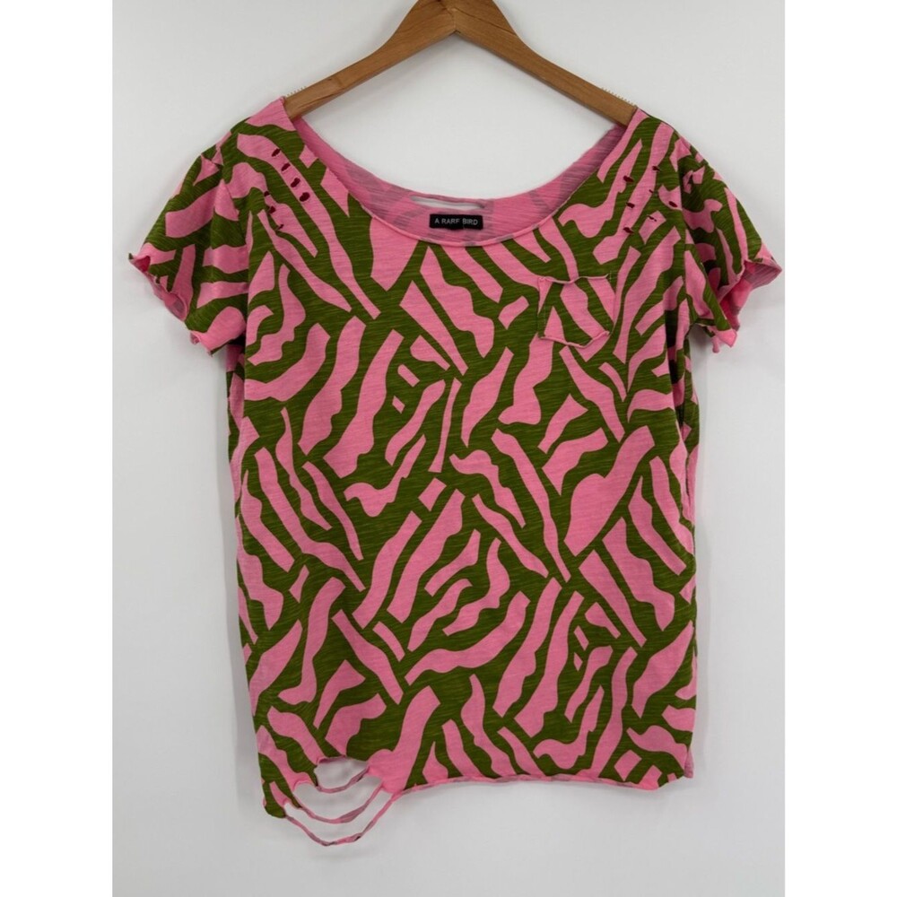 A Rare Bird Zebra Print Distressed Tee | Pink & Olive | S/M